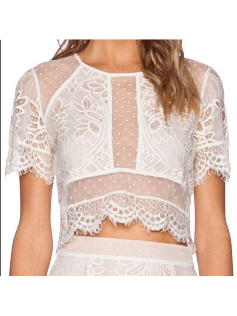 Lovers + Friends Ella Cream  Sheer Lace Crop Top